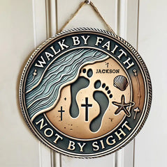 Customized Beach Footprint Wooden Door Sign - Personalized Name Round Wooden Door Plaque with Christ Theme - A Gift For Friend,Family,BFF,Christian
