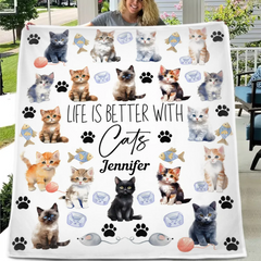 Life Is Better With Cats - Personalized Cat Blanket - Gift for Cat Owners,Cat Lovers
