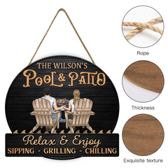 Just A Couple, Pool & Patio Sipping Chilling - Couple Personalized Home Decor Wood Sign