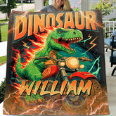 Lightning Dinosaur Riding Motorcycle Custom Blanket - Personalized Name - Gift For Dinosaur Lovers
