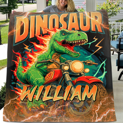 Lightning Dinosaur Riding Motorcycle Custom Blanket - Personalized Name - Gift For Dinosaur Lovers