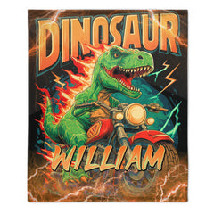 Lightning Dinosaur Riding Motorcycle Custom Blanket - Personalized Name - Gift For Dinosaur Lovers