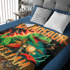 Lightning Dinosaur Riding Motorcycle Custom Blanket - Personalized Name - Gift For Dinosaur Lovers
