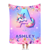 Flower Unicorn Custom Blanket - Personalized Initial and Name - Fashionable Items