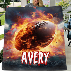 Custom Football Name Blanket – Personalized Flaming Football Wall Art – Gift for Football Fans