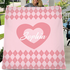 Custom Vintage Checker Heart Blanket – Personalized Argyle Heart Soft Throw – Gift for Girls