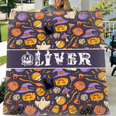 Custom Halloween Name Blanket – Personalized Pumpkin & Ghost Letter – Gift for Kids