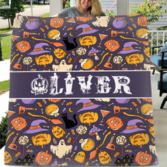 Custom Halloween Name Blanket – Personalized Pumpkin & Ghost Letter – Gift for Kids