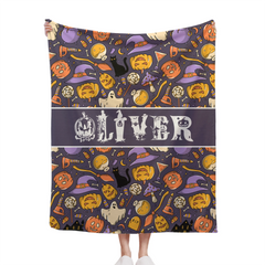 Custom Halloween Name Blanket – Personalized Pumpkin & Ghost Letter – Gift for Kids