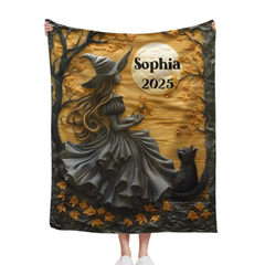 Mysterious Witch & Her Black Cat Customized Blanket- Personalized Name - Halloween Gifts