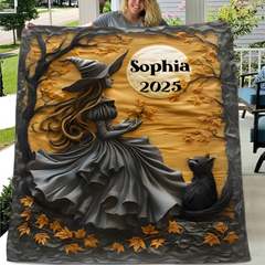 Mysterious Witch & Her Black Cat Customized Blanket- Personalized Name - Halloween Gifts