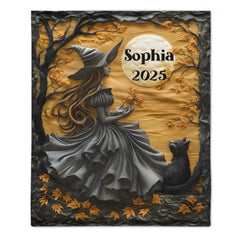 Mysterious Witch & Her Black Cat Customized Blanket- Personalized Name - Halloween Gifts