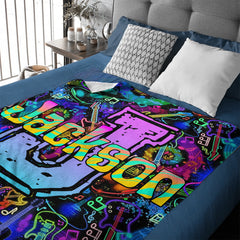 🎸Customized Black Neon Music Notes & Guitars Blanket - Personalized Name - Gifts For Rockstars, Music Lovers