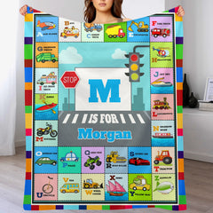 Custom Car & Truck Alphabet Blanket - Personalized Kids Learning Blanket - Gift for Toddlers and Children