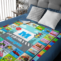Custom Car & Truck Alphabet Blanket - Personalized Kids Learning Blanket - Gift for Toddlers and Children