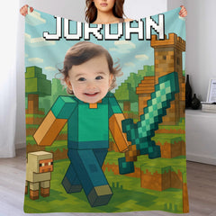 Custom Pixel Gamer Blanket - Personalized Minecraft Style Throw Blanket - Gift for Children