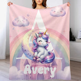 Customized Rainbow Unicorn Kids Blanket - Personalized Initial and Name - Magical Gift For Kids