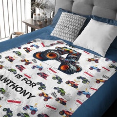Custom Race Car Number Blanket - Personalized Monster Truck Birthday Throw - Gift for Kids, Boys