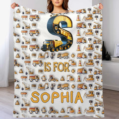 Custom Construction Truck Blanket - Personalized Excavator & Vehicle Alphabet Throw - Gift for Kids, Boys
