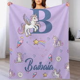 Custom Unicorn Initial Blanket - Personalized Letter & Name Kids Throw - Gift for Girls