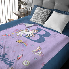 Custom Unicorn Initial Blanket - Personalized Letter & Name Kids Throw - Gift for Girls
