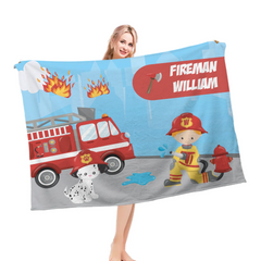 Custom Firefighter Theme Blanket – Personalized Fire Engine Name Throw – Birthday Gift for Kids