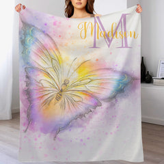 Custom Watercolor Butterfly Blanket - Personalized Baby Initial Name Throw - Gift for Infant Girls Boys