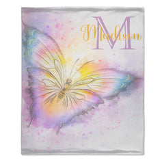 Custom Watercolor Butterfly Blanket - Personalized Baby Initial Name Throw - Gift for Infant Girls Boys