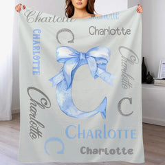Custom Initial Bow Blanket - Personalized Letter Throw with Name - Baby Shower Birthday Gift