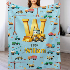 Custom Truck Initial Blanket - Personalized Construction Letter Throw with Name - Baby Shower Birthday Gift