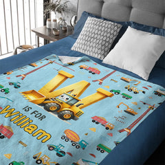 Custom Truck Initial Blanket - Personalized Construction Letter Throw with Name - Baby Shower Birthday Gift