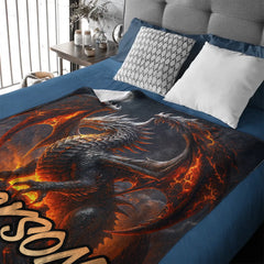 Flame Dragon Custom Blanket - Personalized Name Soft Flannel Blanket - Gift for Dragon Enthusiasts