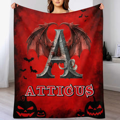 Custom Dragon Letter Blanket – Personalized Halloween Throw with Initial & Name – Gift for Boys & Girls