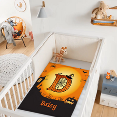 Custom Halloween Blanket – Personalized Spooky Throw Blanket with Initial & Name – Gift for Kids, Girls & Boys