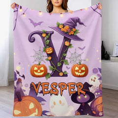 Custom Halloween Letter Blanket - Personalized Pumpkin Initial Throw - Gift for Kids & Families
