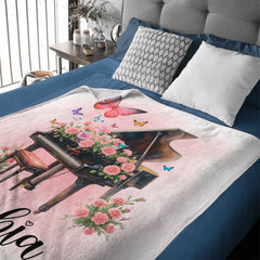 Custom Piano Flower Blanket - Personalized Piano & Butterfly Throw - Gift for Women & Girls