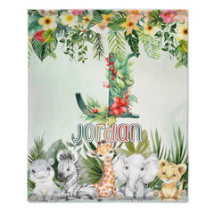 Custom Jungle Animal Blanket - Personalized Safari Baby Throw Blanket - Gift for Kids and Newborns