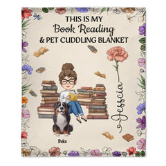 Customized Reading Girl Who Loves Books & Pets Birth Month Flower Blanket - Personalized Cartoon Characters and Name - Gift for Reading Lovers, Pet Owners