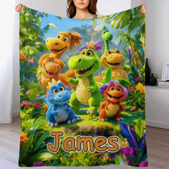 Custom Cute Dinosaur Blanket – Personalized Dino Family Throw – Gift for Kids