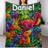 Custom Colorful Dinosaur Blanket – Personalized Dino Jungle Throw – Gift for Kids