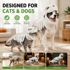 Glow-in-the-Dark Dinosaur Skeleton Pet Costume - 3D Plush Halloween Outfit for Cats & Dogs