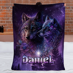 Galaxy Night Wolf Art Customized Blanket - Personalized Name - Gift For Wolf Lovers