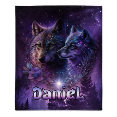 Galaxy Night Wolf Art Customized Blanket - Personalized Name - Gift For Wolf Lovers