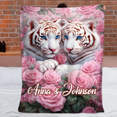 Blossoming Roses & White Tigers Customized Blanket – Personalized Name - Gift For Animal Lovers