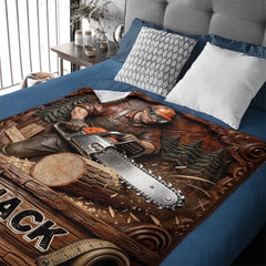 Customized Chainsaw Wood-Cutting Themed Blanket - Personalized Name - Gift For Lumbermen