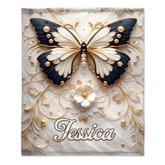 Customized Elegant Butterfly & Pearl Floral Blanket - Personalized Name - Gift For Wife, Friends