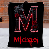 Wolf And Roses, Initial Customized Blanket - Personalized Name And Initial Letter - Gift For Him/Her