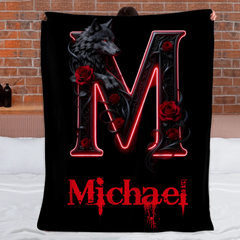 Wolf And Roses, Initial Customized Blanket - Personalized Name And Initial Letter - Gift For Him/Her