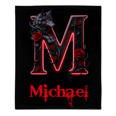 Wolf And Roses, Initial Customized Blanket - Personalized Name And Initial Letter - Gift For Him/Her