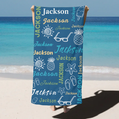 Art Summer Doodle Name Customized Beach Towel - Personalized Name - Vacation Travel Essential Birthday Gift For Family, Friends